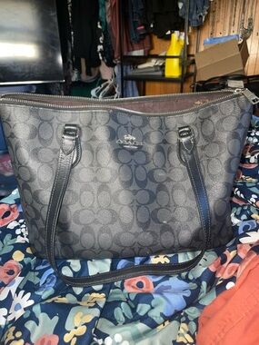 Coach Charcoal Logo Tote with Leather Trim